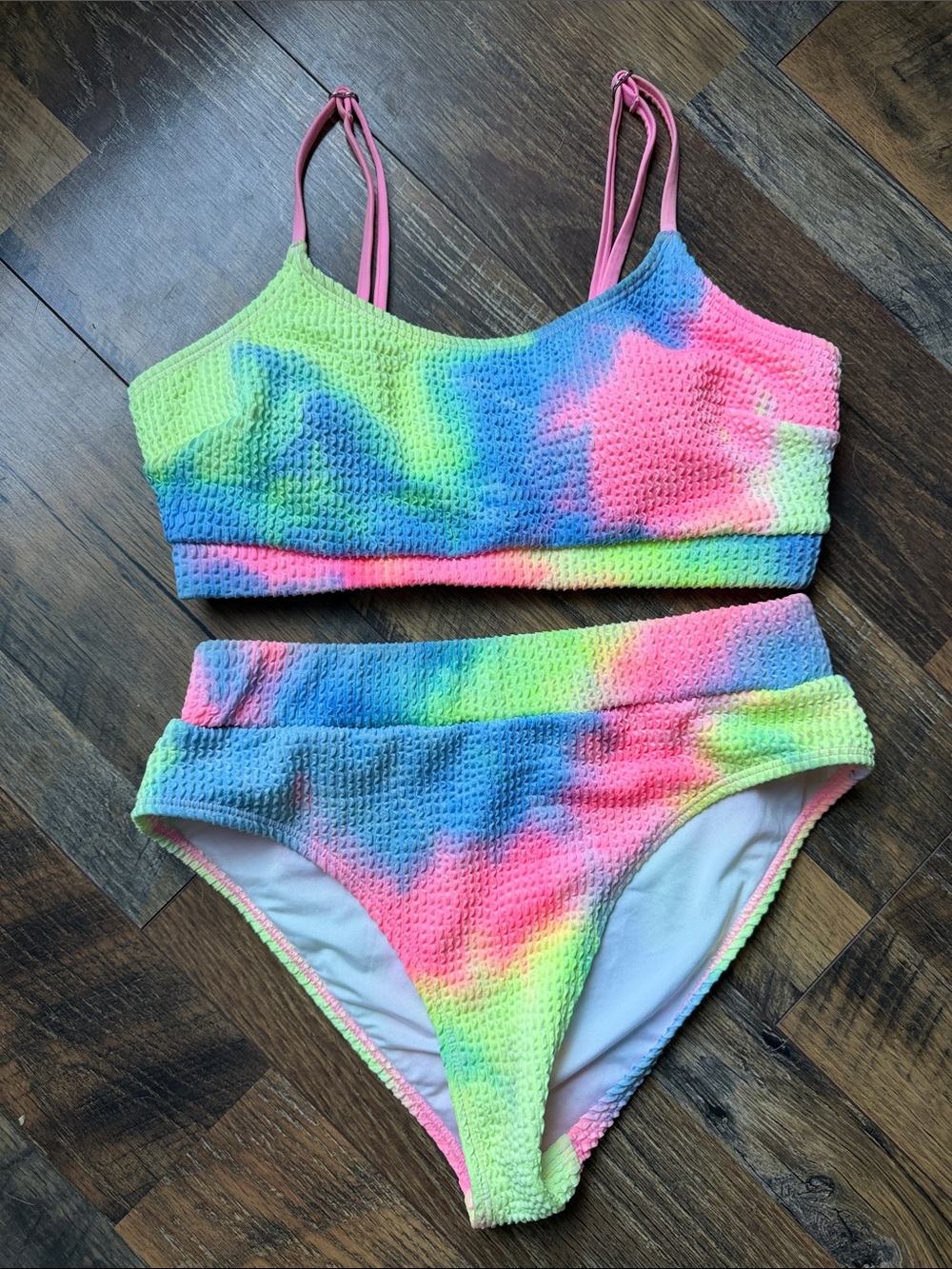 Cupshe Neon Rainbow Tie-Dye Textured Bikini Set - Pink, Blue, Green, Yellow